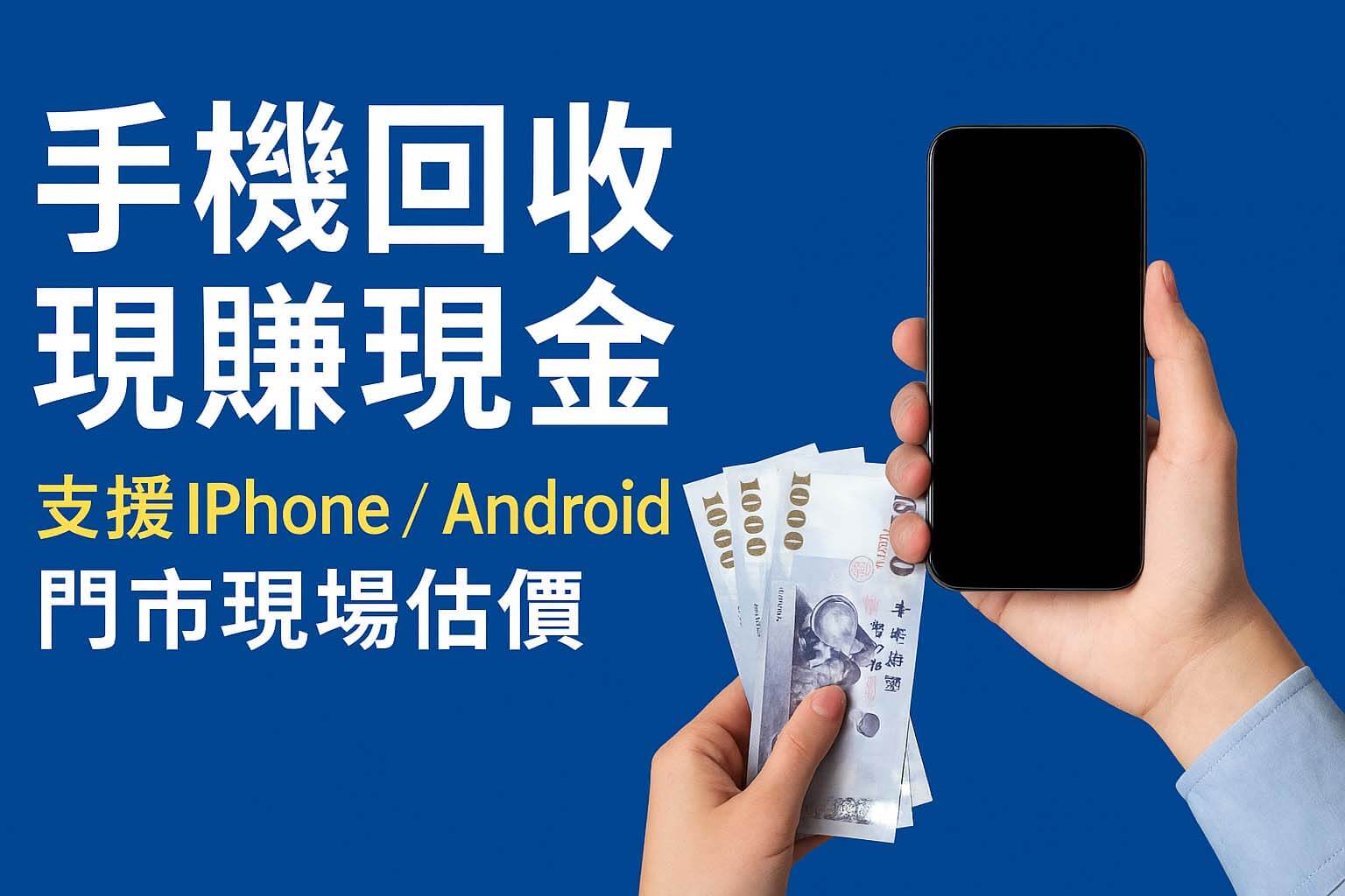 青蘋果3C 手機回收主圖,一隻手拿著黑色智慧型手機,另一隻手持多張新台幣千元鈔票,象徵高價現金收購 iPhone/Android 手機,支援門市估價